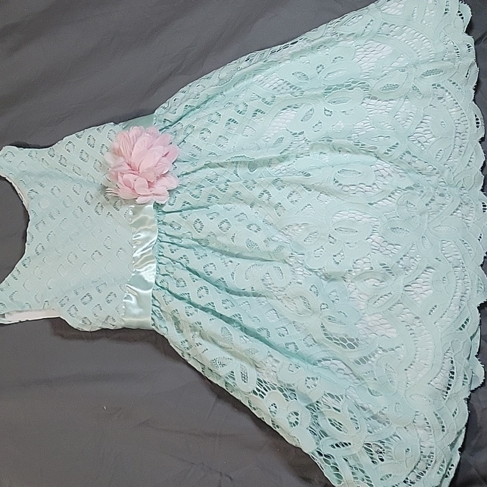 Girls' Lace Teal Dress with Pink Flower Accent